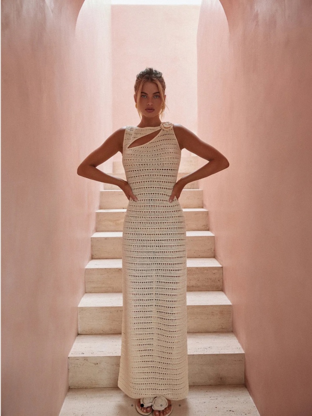 SAME Rosette Sleeveless Crochet Maxi Dress Cream XS